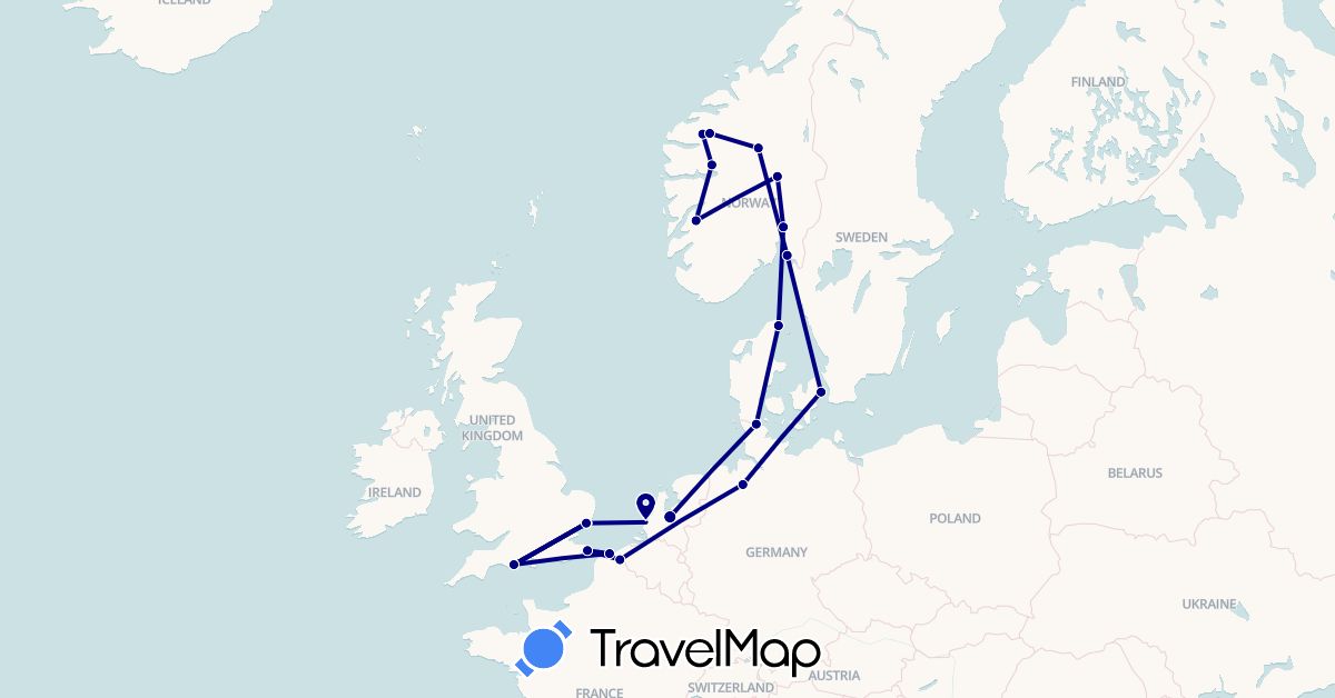 TravelMap itinerary: driving in Belgium, Germany, Denmark, France, United Kingdom, Netherlands, Norway (Europe)